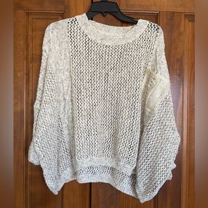 POL Cream Open Knit Crew Neck Sweater with Lace Pocket